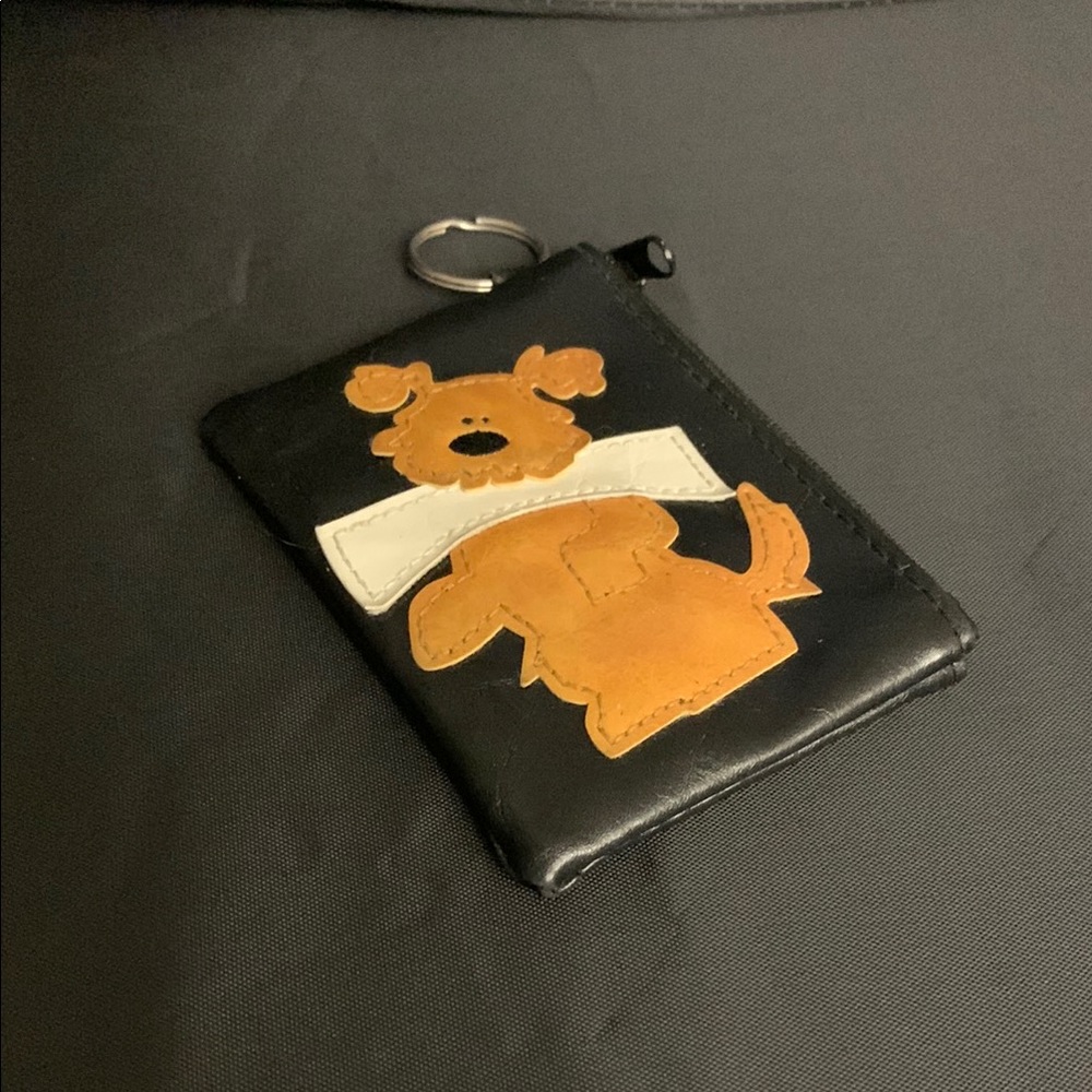 Black Leather Keychain Pouch with Brown Dog Design
